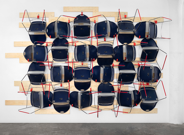 stackable mid-1990s haworth chairs become sound-diffusing acoustic installation - Designboom